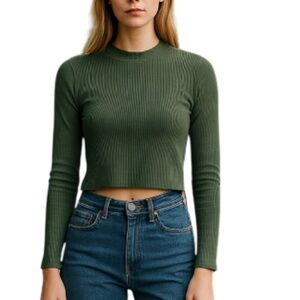 OLIVIA RAE Ribbed Cropped Mock Neck Long Sleeve Top Dark Olive Green L